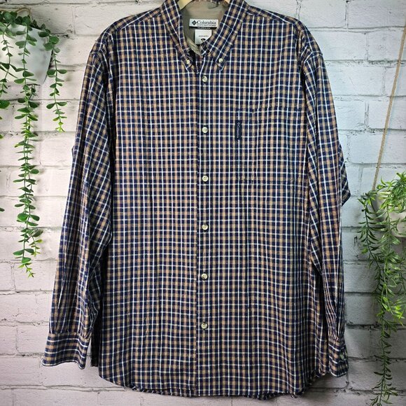 COLUMBIA MENS LONG SLEEVE PLAID BUTTON DOWN NAVY AND KHAKI PLAID SIZE LARGE EUC - Picture 1 of 8